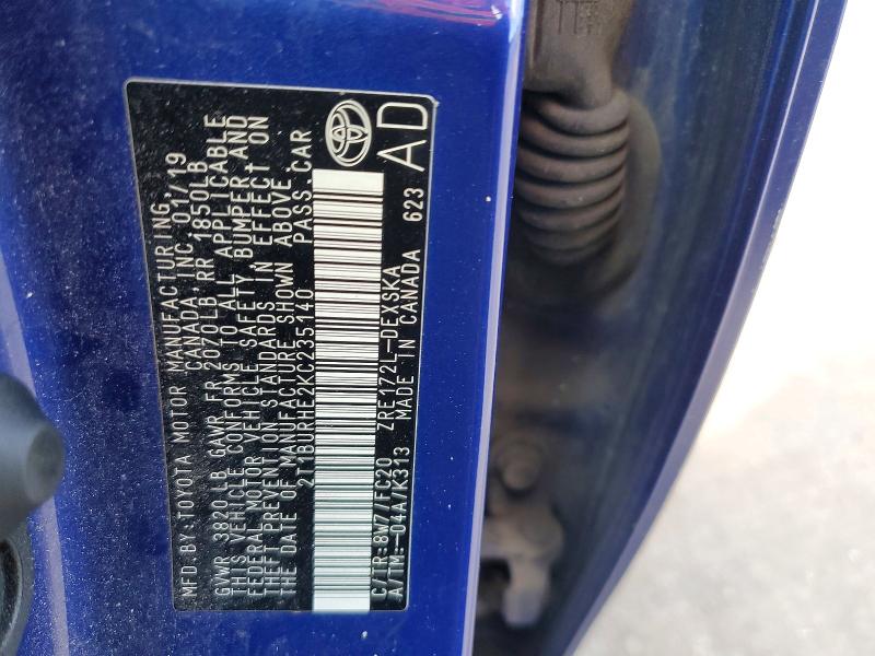 63125886 :رقم المزاد ، 2T1BURHE2KC235140 vin ، 2019 Toyota Corolla مزاد بيع