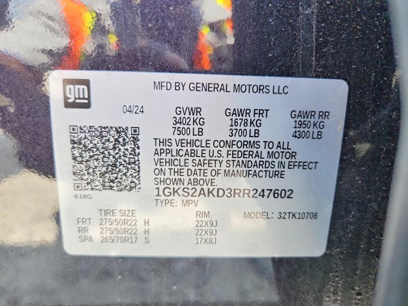 2024 Gmc Yukon მანქანა იყიდება აუქციონზე, vin: 1GKS2AKD3RR247602, აუქციონის ნომერი: 63007756