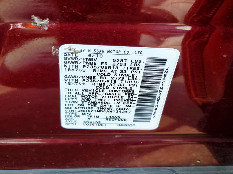 2010 Nissan Murano მანქანა იყიდება აუქციონზე, vin: JN8AZ1MW4AW134267, აუქციონის ნომერი: 60051326