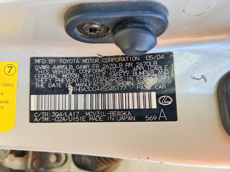 Aukcja sprzedaży 2004 Lexus Es, vin: JTHBA30G445045177, numer aukcji: 61883846