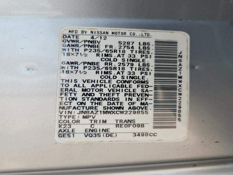 Aukcja sprzedaży 2012 Nissan Murano, vin: JN8AZ1MWXCW229855, numer aukcji: 62967976