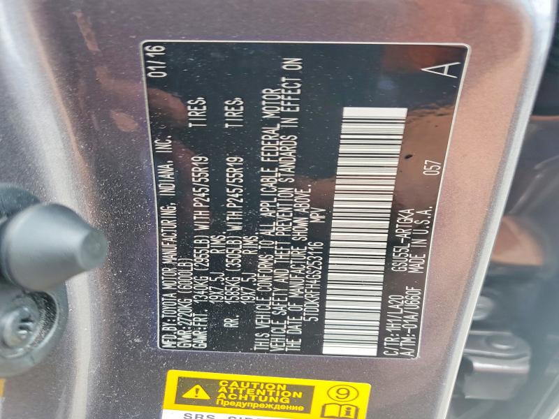 Aukcja sprzedaży 2016 Toyota Highlander, vin: 5TDDKRFH4GS253116, numer aukcji: 59915636