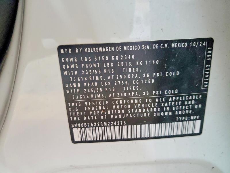 2024 Volkswagen Tiguan მანქანა იყიდება აუქციონზე, vin: 3VV6B7AX2RM224276, აუქციონის ნომერი: 61069686