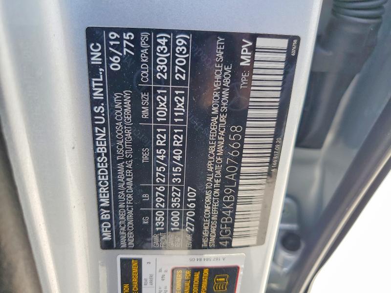 59576066 :رقم المزاد ، 4JGFB4KB9LA076658 vin ، 2020 Mercedes-benz Gle مزاد بيع