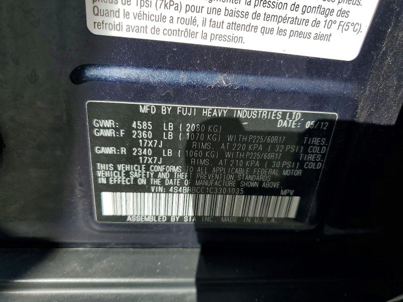 2012 Subaru Outback მანქანა იყიდება აუქციონზე, vin: 4S4BRBCC1C3301035, აუქციონის ნომერი: 59990246