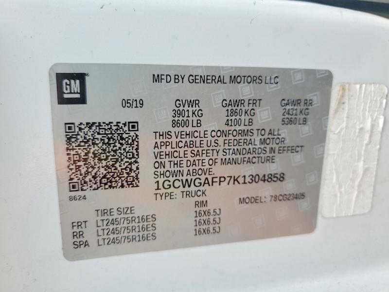 Aukcja sprzedaży 2019 Chevrolet Express G2500, vin: 1GCWGAFP7K1304858, numer aukcji: 60300396