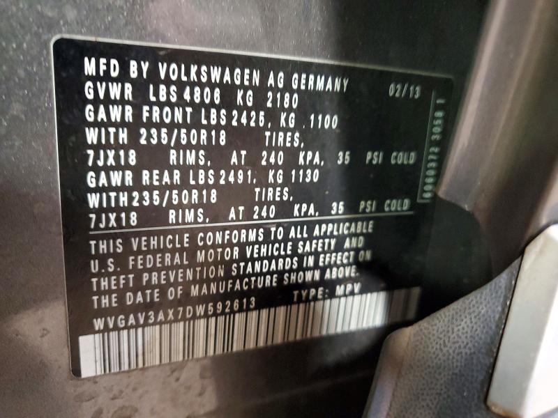 62280606 :رقم المزاد ، WVGAV3AX7DW592613 vin ، 2013 Volkswagen Tiguan مزاد بيع