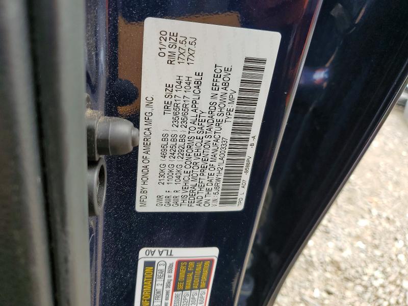 2020 Honda Cr-v მანქანა იყიდება აუქციონზე, vin: 5J6RW1H21LA003337, აუქციონის ნომერი: 62002216