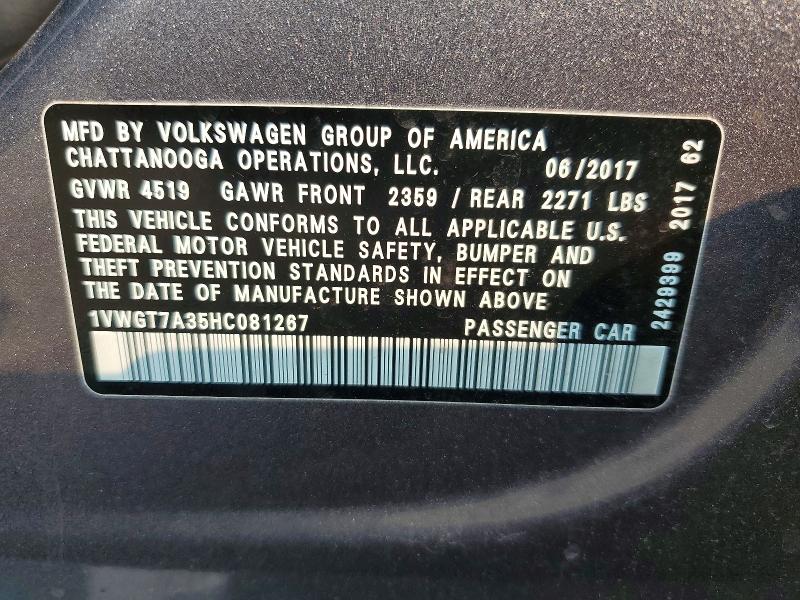 61442276 :رقم المزاد ، 1VWGT7A35HC081267 vin ، 2017 Volkswagen Passat مزاد بيع