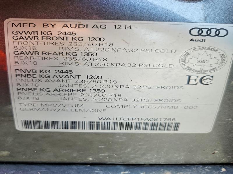 Продаж на аукціоні авто 2015 Audi Q5, vin: WA1LFCFP1FA081766, номер лоту: 61404456