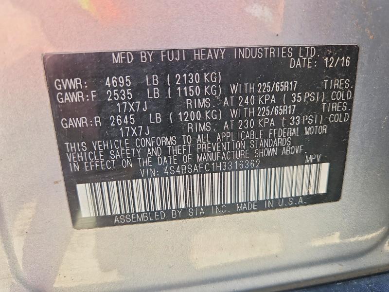 59304816 :رقم المزاد ، 4S4BSAFC1H3316362 vin ، 2017 Subaru Outback مزاد بيع