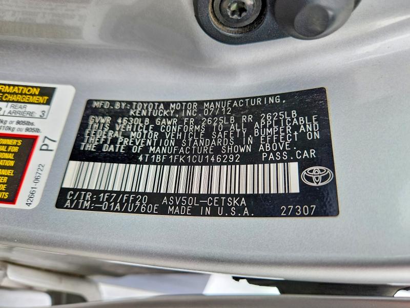 Продажа на аукционе авто 2012 Toyota Camry, vin: 4T1BF1FK1CU146292, номер лота: 61605166