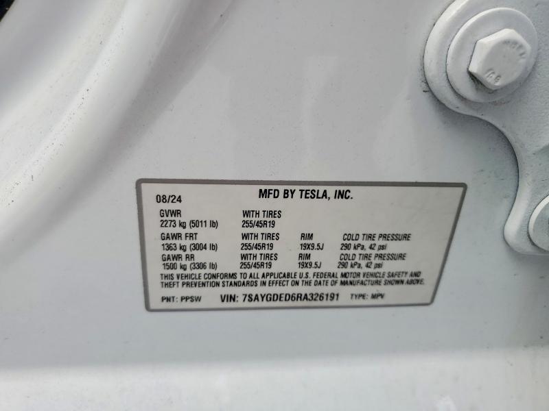 2024 Tesla Model Y მანქანა იყიდება აუქციონზე, vin: 7SAYGDED6RA326191, აუქციონის ნომერი: 61202676