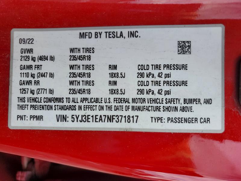 Продаж на аукціоні авто 2022 Tesla Model 3, vin: 5YJ3E1EA7NF371817, номер лоту: 63169286