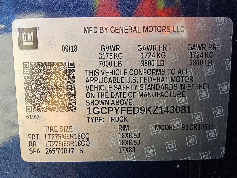 Продажа на аукционе авто 2019 Chevrolet Silverado, vin: 1GCPYFED9KZ143081, номер лота: 62472306