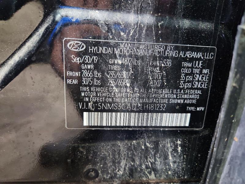2020 Hyundai Santa Fe მანქანა იყიდება აუქციონზე, vin: 5NMS3CAD3LH181232, აუქციონის ნომერი: 62122596
