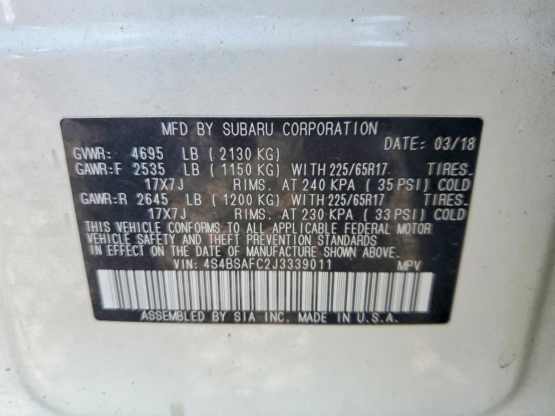Продаж на аукціоні авто 2018 Subaru Outback, vin: 4S4BSAFC2J3339011, номер лоту: 58911916