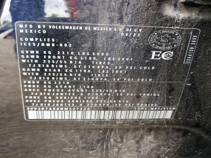 Aukcja sprzedaży 2022 Volkswagen Tiguan, vin: 3VV2B7AX8NM127222, numer aukcji: 58466986