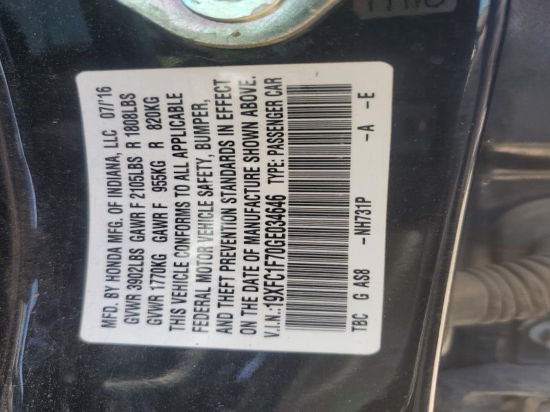 Aukcja sprzedaży 2016 Honda Civic, vin: 19XFC1F70GE034646, numer aukcji: 61090136