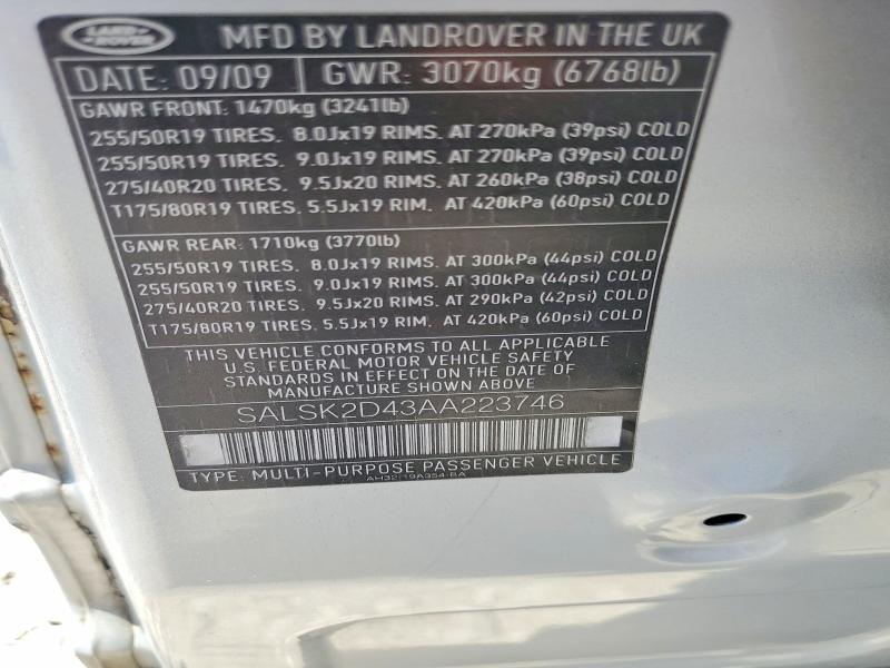 Продажа на аукционе авто 2010 Land Rover Range Rover Sport, vin: SALSK2D43AA223746, номер лота: 60868436
