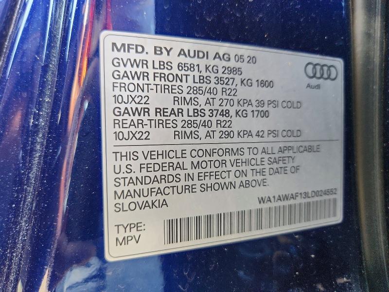 Продаж на аукціоні авто 2020 Audi Sq8, vin: WA1AWAF13LD024552, номер лоту: 60045486