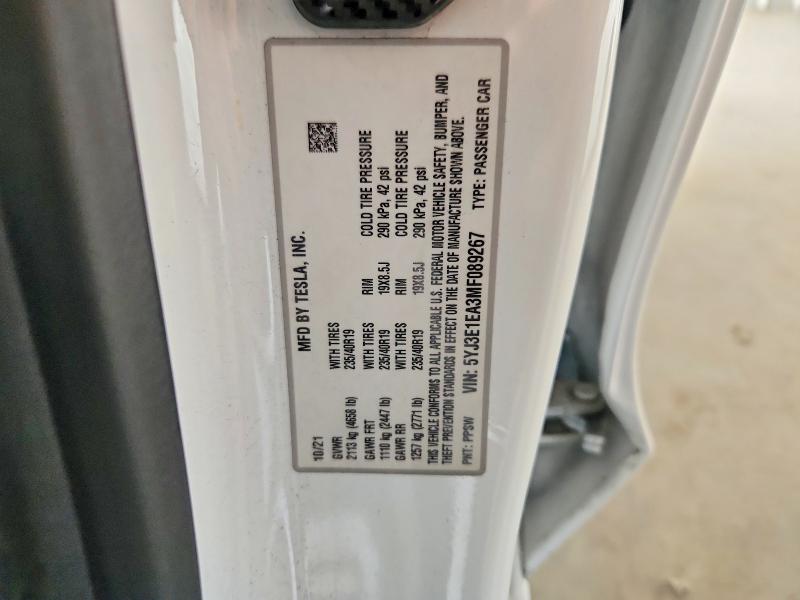 2021 Tesla Model 3 მანქანა იყიდება აუქციონზე, vin: 5YJ3E1EA3MF089267, აუქციონის ნომერი: 61618126