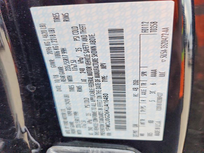 62716356 :رقم المزاد ، 1FMCU0GD6KUA16480 vin ، 2019 Ford Escape مزاد بيع