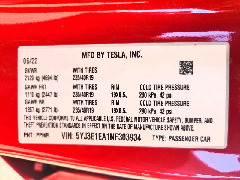Продажа на аукционе авто 2022 Tesla Model 3, vin: 5YJ3E1EA1NF303934, номер лота: 60084966