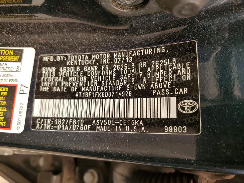 Продаж на аукціоні авто 2013 Toyota Camry, vin: 4T1BF1FK6DU714926, номер лоту: 60926206