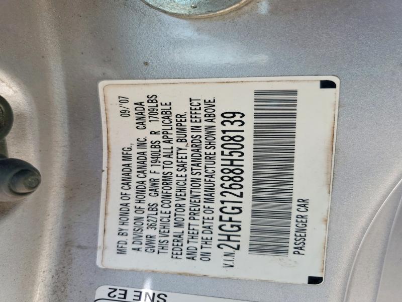 2008 Honda Civic მანქანა იყიდება აუქციონზე, vin: 2HGFG12688H508139, აუქციონის ნომერი: 59881446