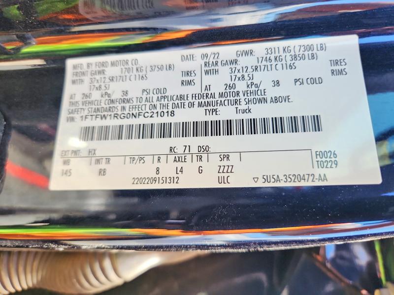 2022 Ford F150 მანქანა იყიდება აუქციონზე, vin: 1FTFW1RG0NFC21018, აუქციონის ნომერი: 60825876