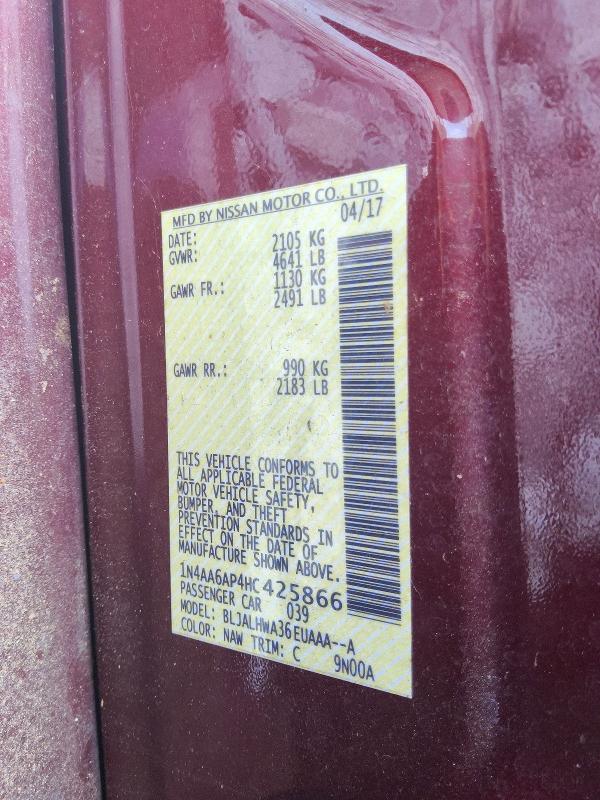 60085006 :رقم المزاد ، 1N4AA6AP4HC425866 vin ، 2017 Nissan Maxima مزاد بيع