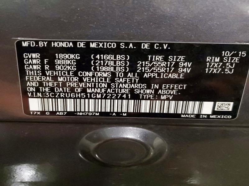 Aukcja sprzedaży 2016 Honda Hr-v, vin: 3CZRU6H51GM722741, numer aukcji: 59898926