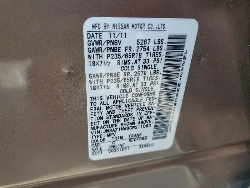 Продаж на аукціоні авто 2012 Nissan Murano, vin: JN8AZ1MW8CW211063, номер лоту: 62931346