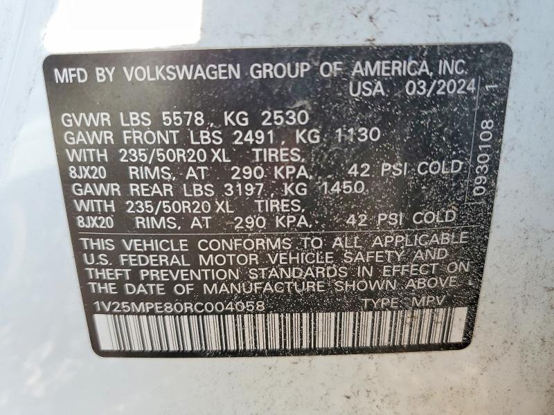 61180246 :رقم المزاد ، 1V25MPE80RC004058 vin ، 2024 Volkswagen Id.4 مزاد بيع