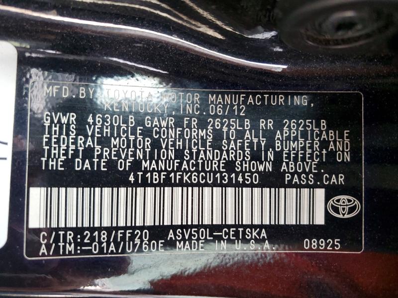 2012 Toyota Camry მანქანა იყიდება აუქციონზე, vin: 4T1BF1FK6CU131450, აუქციონის ნომერი: 63120966