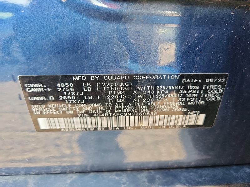 Aukcja sprzedaży 2022 Subaru Outback, vin: 4S4BTAFC9N3259885, numer aukcji: 60227206