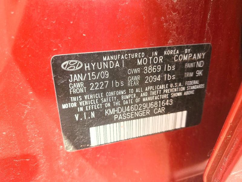 60610326 :رقم المزاد ، KMHDU46D29U681643 vin ، 2009 Hyundai Elantra مزاد بيع