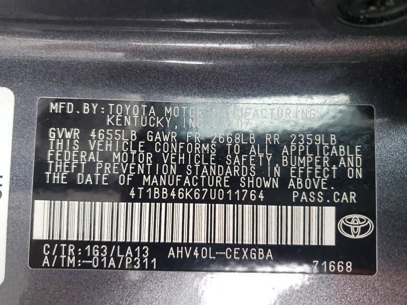 Auction sale of the 2007 Toyota Camry, vin: 4T1BB46K67U011764, lot number: 62915406