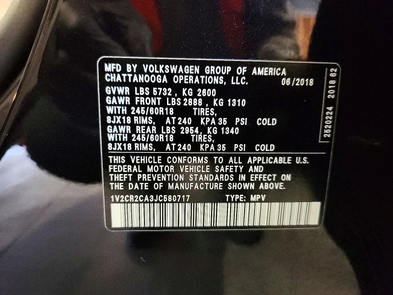 61737746 :رقم المزاد ، 1V2CR2CA3JC580717 vin ، 2018 Volkswagen Atlas مزاد بيع
