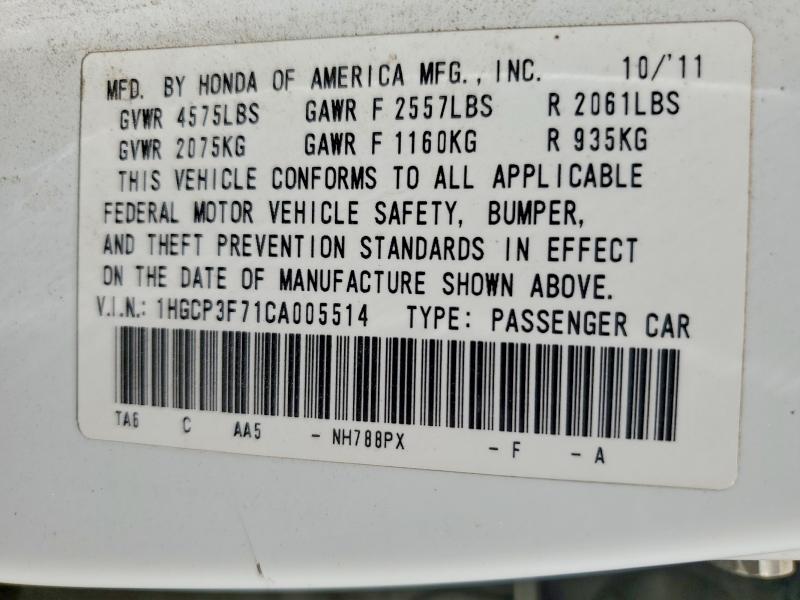 Aukcja sprzedaży 2012 Honda Accord, vin: 1HGCP3F71CA005514, numer aukcji: 62959666