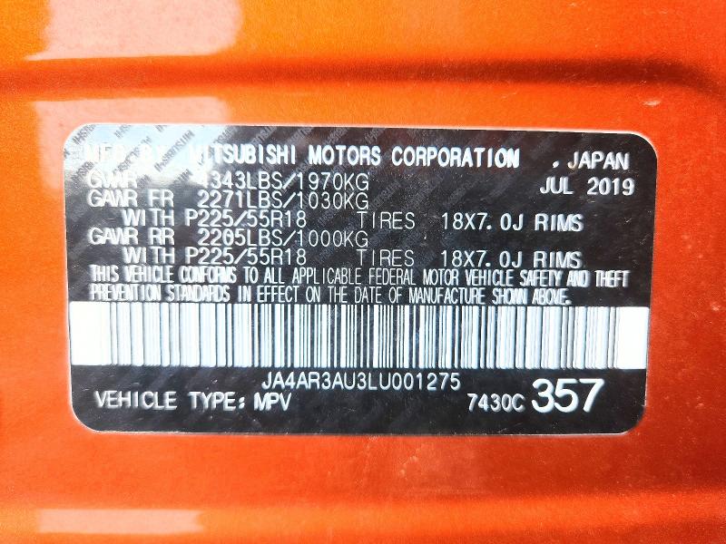 61630786 :رقم المزاد ، JA4AR3AU3LU001275 vin ، 2020 Mitsubishi Outlander Sport مزاد بيع