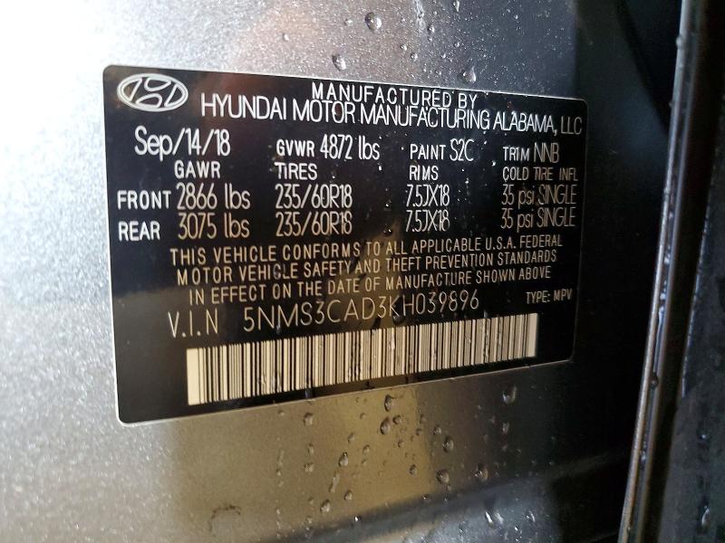 Aukcja sprzedaży 2019 Hyundai Santa Fe, vin: 5NMS3CAD3KH039896, numer aukcji: 62320356