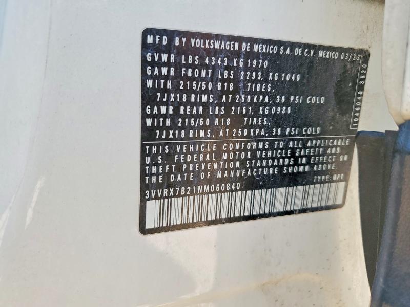 Aukcja sprzedaży 2022 Volkswagen Taos, vin: 3VVRX7B21NM060840, numer aukcji: 60577686