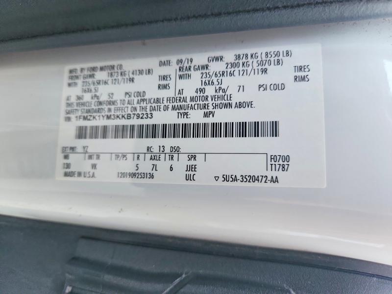60556876 :رقم المزاد ، 1FMZK1YM3KKB79233 vin ، 2019 Ford Transit مزاد بيع