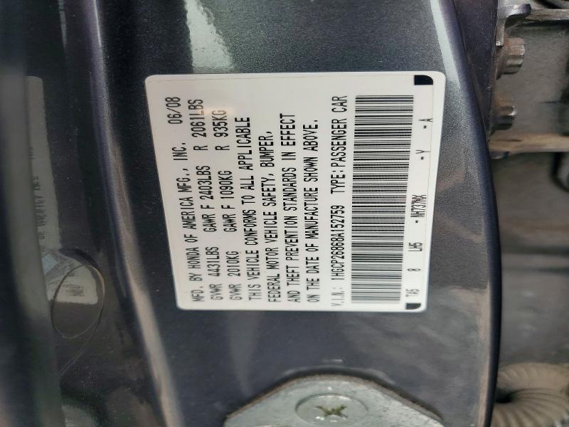 2008 Honda Accord მანქანა იყიდება აუქციონზე, vin: 1HGCP26868A152759, აუქციონის ნომერი: 59955666