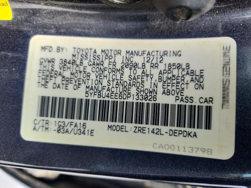 Aukcja sprzedaży 2013 Toyota Corolla, vin: 5YFBU4EE6DP133026, numer aukcji: 62758776