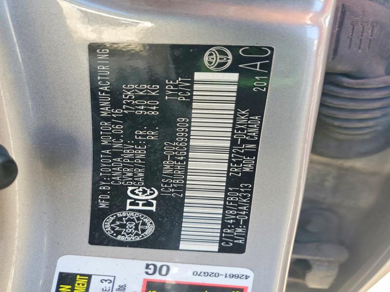 61598086 :رقم المزاد ، 2T1BURHE4GC699909 vin ، 2016 Toyota Corolla مزاد بيع