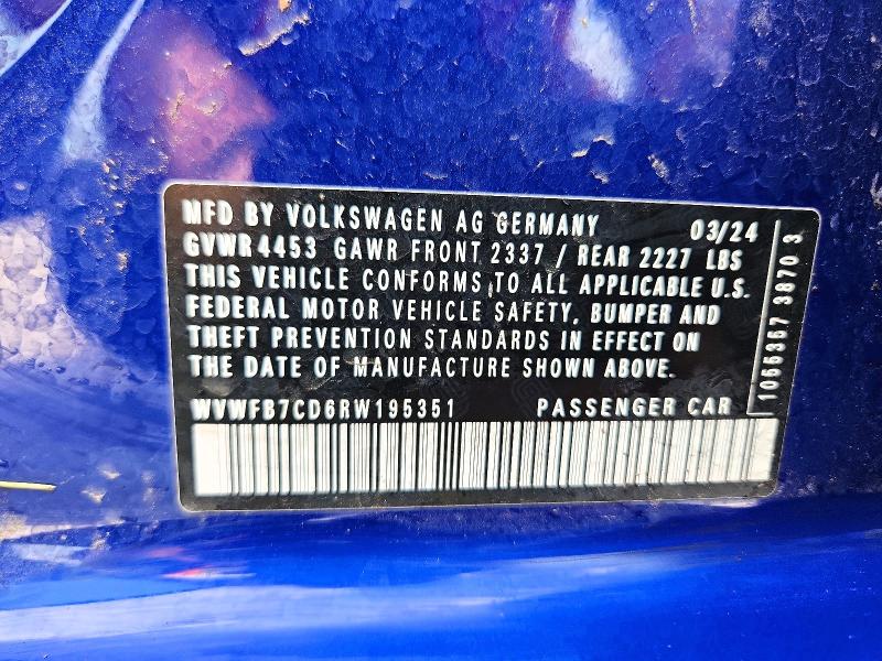62218666 :رقم المزاد ، WVWFB7CD6RW195351 vin ، 2024 Volkswagen Golf R مزاد بيع