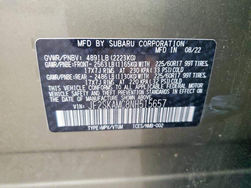 Aukcja sprzedaży 2022 Subaru Forester, vin: JF2SKAMC8NH515657, numer aukcji: 59747136